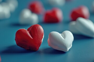 Poster - Red and white hearts on a blue surface. Suitable for Valentine's Day or love-themed designs