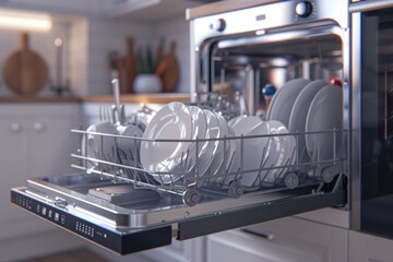 Canvas Print - A dishwasher filled with dishes in a kitchen. Suitable for household and kitchen-related themes