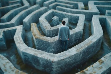 Poster - A man standing in the middle of a maze. Suitable for illustrating concepts such as problem-solving, decision-making, and finding one's way