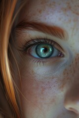 Poster - A detailed view of a woman's eye with unique freckles. Suitable for beauty, fashion, or skincare concepts