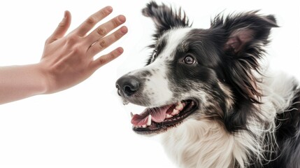 Sticker - A person is seen petting a black and white dog. This image can be used to depict the bond between humans and pets