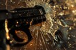 A broken glass window with a gun placed on top. This image can be used to depict crime, vandalism, or danger