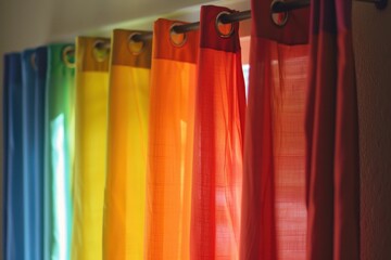 Poster - Colorful curtains hanging from a window, perfect for adding a pop of color to any room. Ideal for interior design, home decor, and window treatment concepts