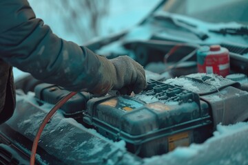 Canvas Print - A person utilizing a car battery in snowy conditions. This image can be used to depict winter car maintenance or the importance of preparedness in cold weather