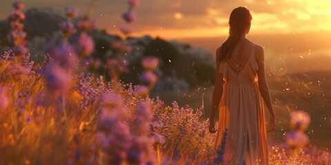 Poster - A woman standing in a field of beautiful purple flowers. Perfect for nature-themed projects and floral designs