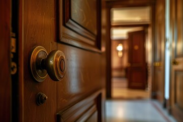 Poster - A close-up view of a door handle on a wooden door. This image can be used to represent security, home improvement, or interior design