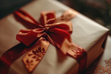 Poster - A white gift box with a red bow on top. Perfect for special occasions and celebrations