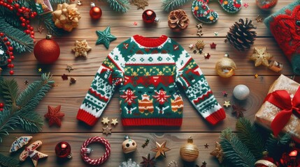 Aufkleber - A cozy Christmas sweater adorned with various festive decorations. Perfect for adding a touch of holiday cheer to any setting