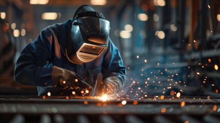 Poster - A man wearing a welding mask is seen working on a piece of metal. This image can be used to depict industrial work or the process of metal fabrication