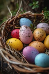 Poster - A basket filled with eggs sits on top of a wooden table. Perfect for Easter or farm-themed designs
