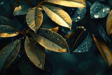 Poster - A detailed view of a plant with glistening water droplets. Perfect for adding a refreshing touch to any project