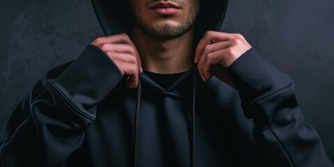 Poster - A man wearing a black hoodie is posing for a picture. This image can be used for various purposes