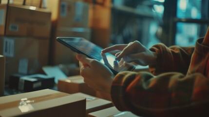 Aufkleber - A person is seen using a tablet in a warehouse. This image can be used to depict technology usage in a warehouse setting