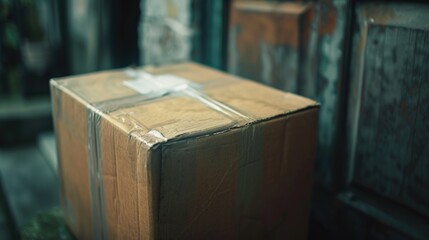 Poster - A cardboard box sitting on top of a wooden table. Suitable for various uses