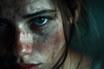 Poster - A close-up shot of a woman with freckles on her face. This image can be used to represent natural beauty or skincare