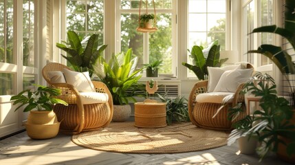 Poster - A sun-filled room filled with lush green plants and featuring a comfortable wicker chair. Perfect for creating a relaxing and natural atmosphere.