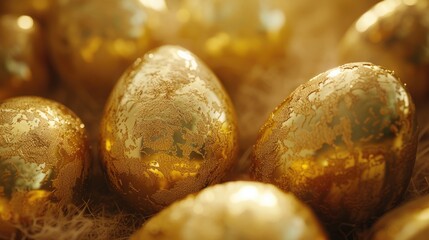 Poster - A close up view of a bunch of golden eggs. Perfect for illustrating wealth, prosperity, or Easter celebrations