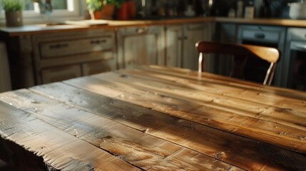 Aufkleber - A wooden table sitting in a kitchen next to a window. Perfect for showcasing meals and creating a cozy atmosphere.