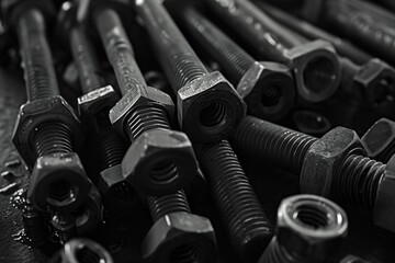 Poster - A collection of nuts and bolts arranged on a table. Suitable for industrial and construction themes