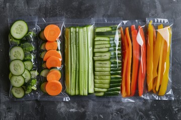 Aufkleber - A collection of various fresh vegetables packaged in plastic bags. Perfect for use in recipes, cooking blogs, or healthy lifestyle articles