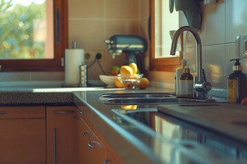 Poster - A kitchen featuring a sink and a window, suitable for home decor or real estate listings