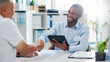 © Wesley/peopleimages.com - Man, doctor and handshake with tablet, patient or consultation for healthcare results or diagnosis at hospital. Male person or medical employee shaking hands with technology for agreement at clinic