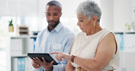 Wall Mural - Doctor with tablet and senior woman consulting physiotherapist for results, feedback or recovery plan. Chiropractic, advice and elderly client in consultation room for help, discussion or support at