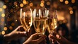 Close up view of champagne glasses. Group of people in beautiful elegant clothes are celebrating New Year indoors together