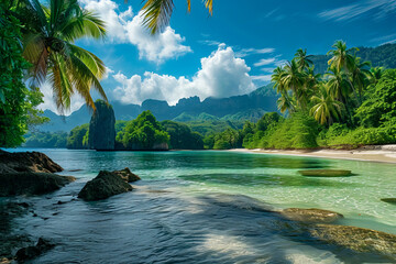 Sticker - Beautiful beach with green mountain in the background.