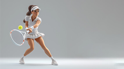 Wall Mural - A cartoon tennis player in white jersey isolated on gray background