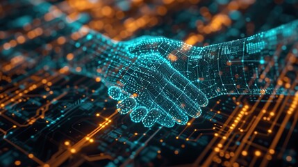 A digital representation of a handshake superimposed over a glowing circuit board, depicting the concept of technology agreements or cyber partnerships.
