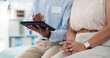 © Wesley/peopleimages.com - Patient, physiotherapy and hand with tablet for consultation or online assessment for results, recovery or advice. People, clinic and internet for rehabilitation exam for wellness, healing or report