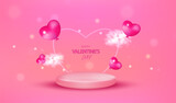 Fototapeta Kuchnia - Valentine day background with pink and red realistic cylinder pedestal podium. Neon light heart shape with balloons and clouds. Scene product display. Stage love showcase.