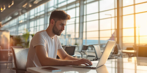 Focused young adult working on laptop in an airport lounge during a beautiful sunset, embodying modern remote work lifestyle and mobility. Digital nomad concept.