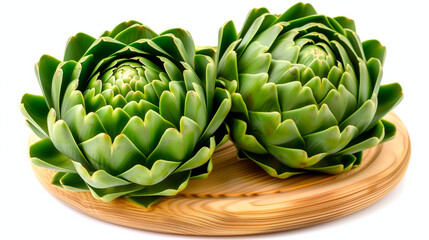 Fresh raw artichoke isolated on white background. Two buds of an edible artichoke flower on a wooden round board 