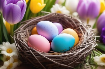  Colorful Easter eggs in a nest on a background of spring flowers