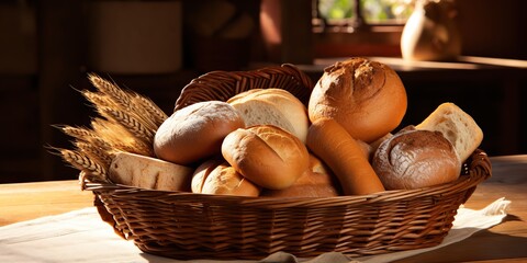 Wall Mural - Fresh baked bakery bread and buns wheat products on kitchen wooden rustic table background scene