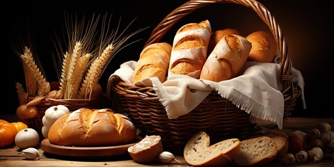 Wall Mural - Fresh baked bakery bread and buns wheat products on kitchen wooden rustic table background scene