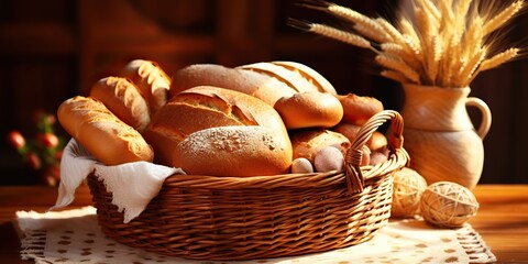 Wall Mural - Fresh baked bakery bread and buns wheat products on kitchen wooden rustic table background scene