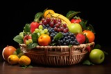 Fototapeta Kuchnia - Fresh and healthy fruits in straw baskets, Fresh healthy fruits on the straw basket on a Dark background, Ai generated