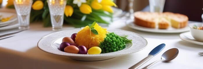 Family having festive dinner together. Table setting with traditional food and spring flowers for Easter celebration