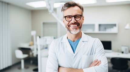 Wall Mural - Portrait of smiling male dentist looking at camera in dental clinic interior and holding clipboard, copy space