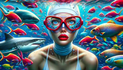 Poster - Surreal image of a woman underwater wearing goggles, surrounded by colorful fish and a looming shark, creating a vivid and intense underwater scene.Portrait concept. AI generated.