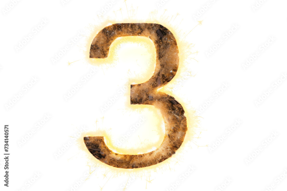 Sparkler Number 3 Glowing, png file of isolated cutout object on transparent background