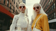 Two beautiful albino girls in fashionable modern clothes are standing on the street of a big city