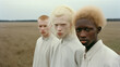A group of handsome young men of androgynous appearance are standing in a field and looking directly into the camera. The concept of fashion, ethnic, racial and national diversity.