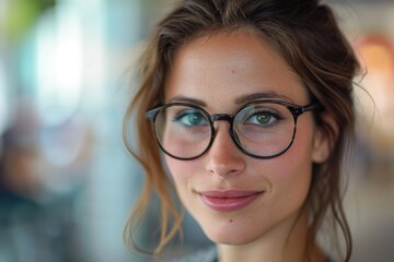 Wall Mural - Close up portrait of a beautiful young woman with eyeglasses.