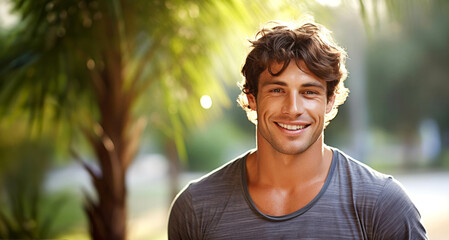 Wall Mural - Portrait of a handsome young man smiling at the camera in a park