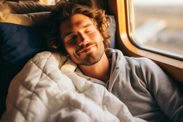 Wall Mural - Handsome young man sleeping in a train car on a sunny day