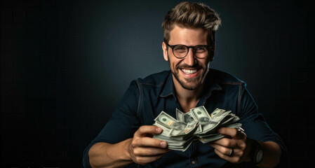 Sticker - Portrait of a happy young man holding money over dark background.